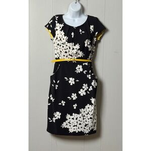 Studio I Womens Black White Floral Sheath Dress w/Yellow Belt Size 8 Cap Sleeves